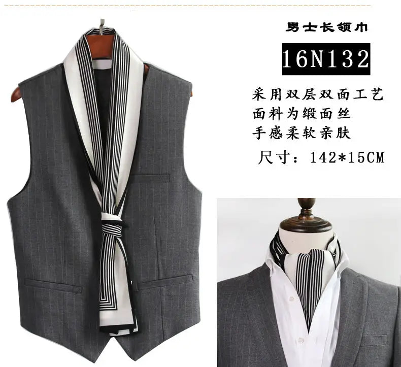 Solid Color High-End Men's Black Thin Scarf Double-Sided Decorative Professional Shirt Anti-Dirt Collar Scarf