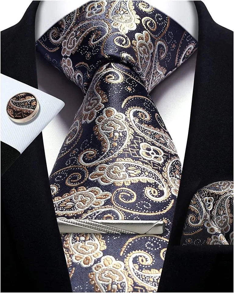 Mens Tie Set Silk Silver Paisley Floral Necktie and Pocket Square Cufflinks Tie Clip Classic Formal Ties for Men Wedding Party